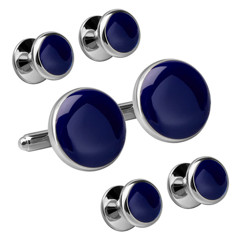 Silver & Navy Enamel Cufflinks and Dress Studs Set