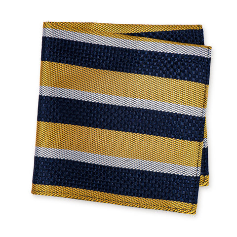 Yellow & Navy Textured Classic Striped Silk Handkerchief