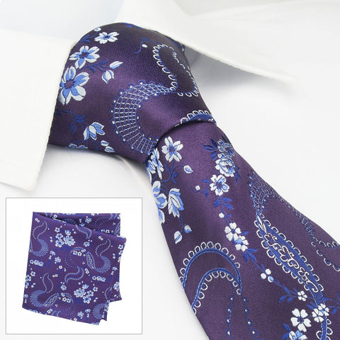 Purple & Silver Luxury Floral Silk Tie & Handkerchief Set