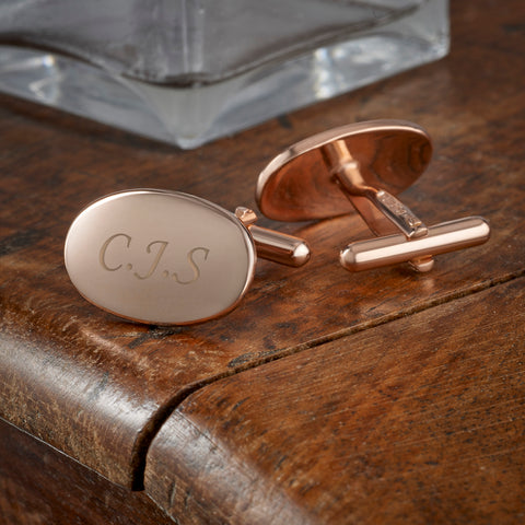 Sterling Silver Rose Gold Oval Engraved Cufflinks