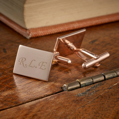 Sterling Silver Rose Gold Rectangle Engraved Cufflinks