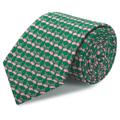 Emerald Green Flamingo Luxury Printed Silk Tie