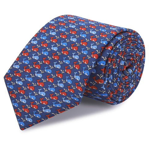 Blue Whales Luxury Printed Silk Tie