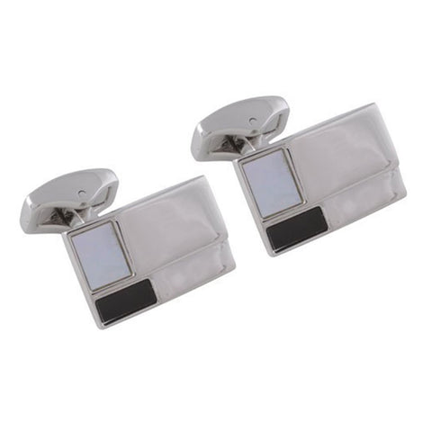 Rhodium Ridged Onyx and Mother of Pearl Stone Cufflinks