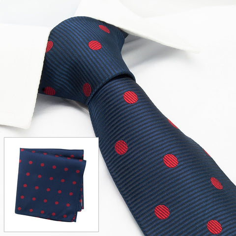 Navy With Red Polka Dots Silk Tie & Handkerchief Set