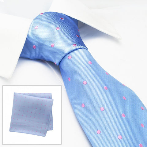 Blue & Pink Polka Dot Woven Silk Tie & Handkerchief Set