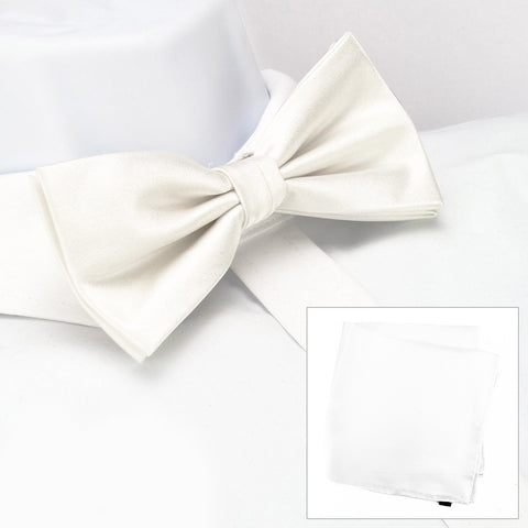 Plain White Silk Bow Tie & Handkerchief Set