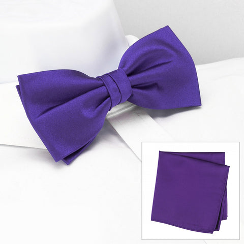 Plain Purple Silk Bow Tie & Handkerchief Set