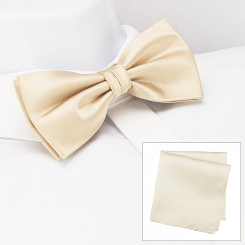 Plain Ivory Silk Bow Tie & Handkerchief Set