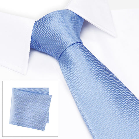 Blue Herringbone Silk Tie & Handkerchief Set