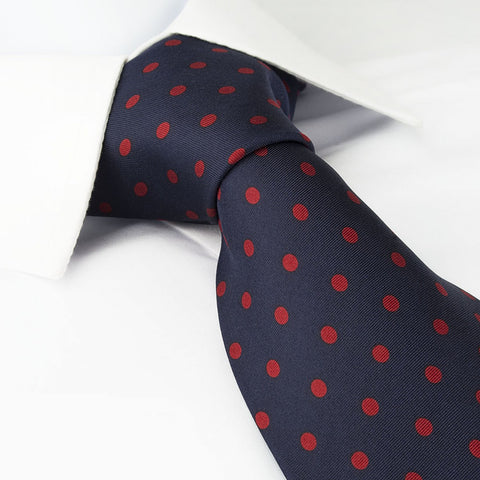 Navy Silk Tie With Large Red Polka Dots