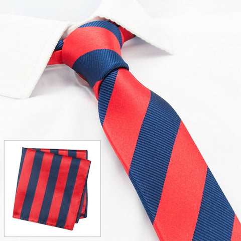Red & Navy Woven Striped Slim Silk Tie & Handkerchief Set