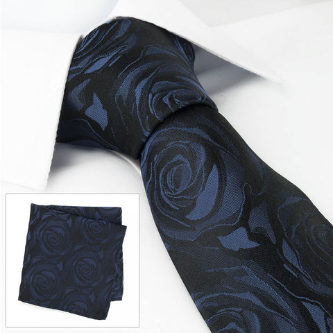 Navy Rose Luxury Woven Silk Tie & Handkerchief Set