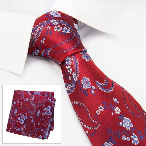 Red & Blue Luxury Floral Silk Tie & Handkerchief Set