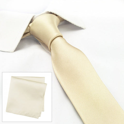 Plain Ivory Slim Silk Tie & Handkerchief Set