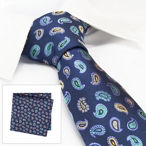Navy Paisley Tear Drop Silk Tie & Handkerchief Set