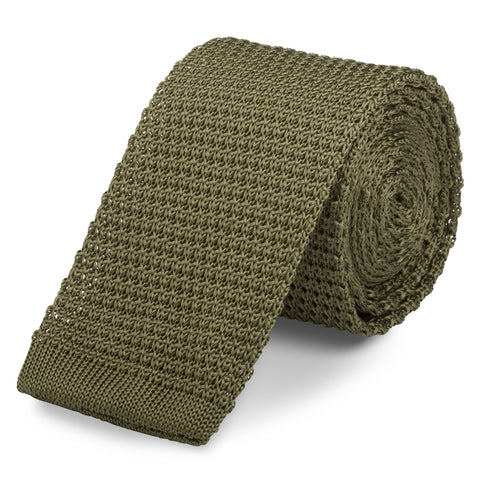 Olive Green Knitted Square Cut Silk Tie