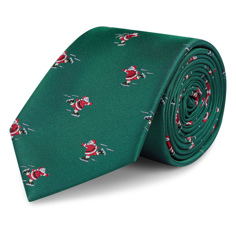 Ice Skating Santa Green Woven Tie