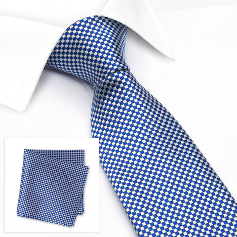 Blue & White Micro Square Woven Silk Tie & Handkerchief Set