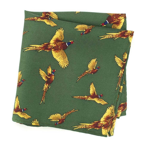 Forest Green With Flying Pheasants Silk Handkerchief