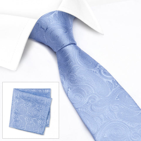 Pastel Blue Paisley Woven Silk Tie & Handkerchief Set