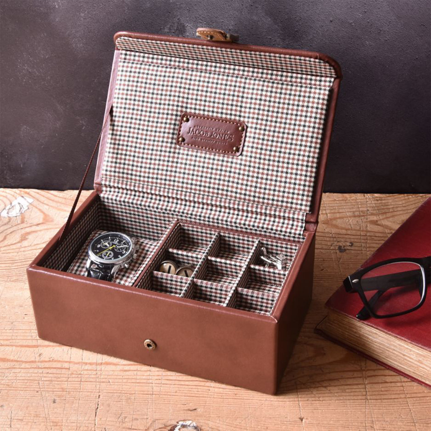 Jacob Jones Tan Check Watch Cufflink Box The Cufflink Store