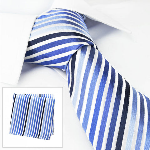 Various Blue Striped Woven Silk Tie & Handkerchief Set