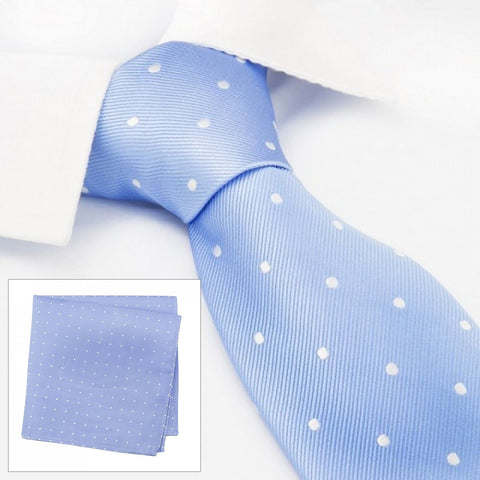 Light Blue Polka Dot Woven Silk Tie & Handkerchief Set