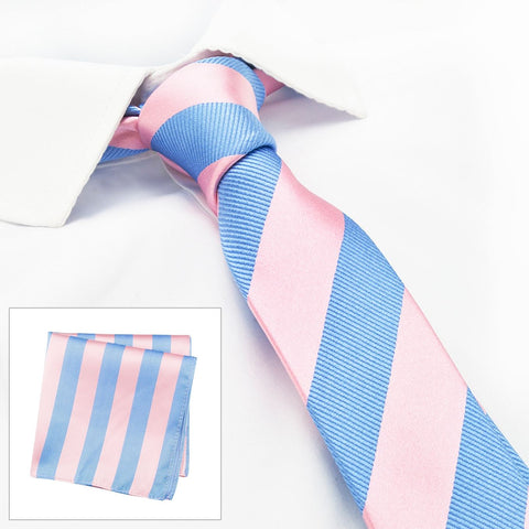Pink & Blue Woven Striped Slim Silk Tie & Handkerchief Set