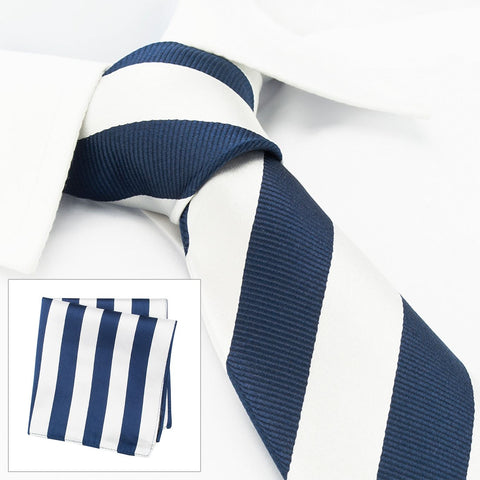 Silver & Navy Woven Striped Silk Tie & Handkerchief Set