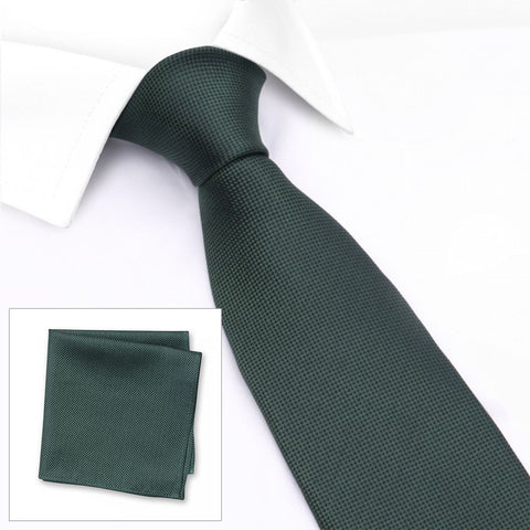 Dark Green Silk Plain Classic Textured Tie & Handkerchief Set