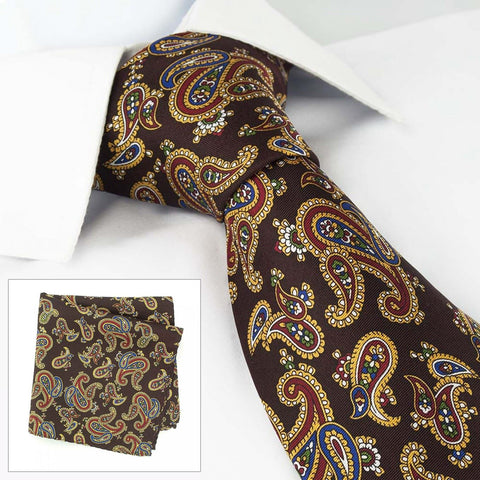 Brown Silk Tie & Handkerchief Set With Large Paisley Design