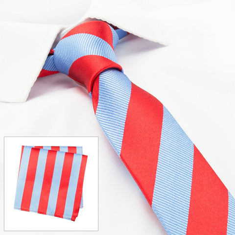 Red & Blue Woven Striped Slim Silk Tie & Handkerchief Set
