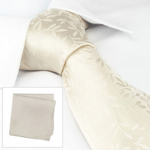Ivory Jacquard Leaf Silk Tie & Handkerchief Set