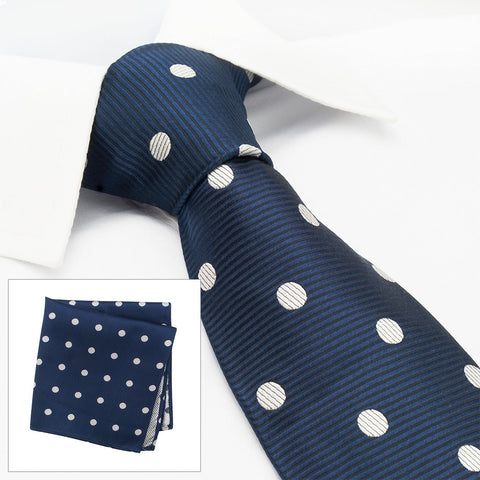 Navy Silk Tie & Handkerchief Set With White Polka Dots