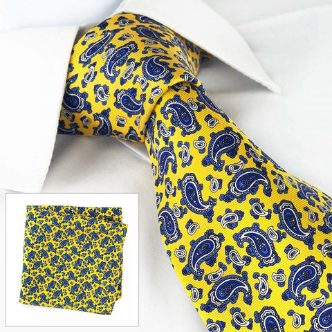Yellow Paisley Printed Silk Tie & Handkerchief Set