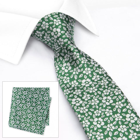 Green & White Daisy Chain Floral Silk Tie & Handkerchief Set
