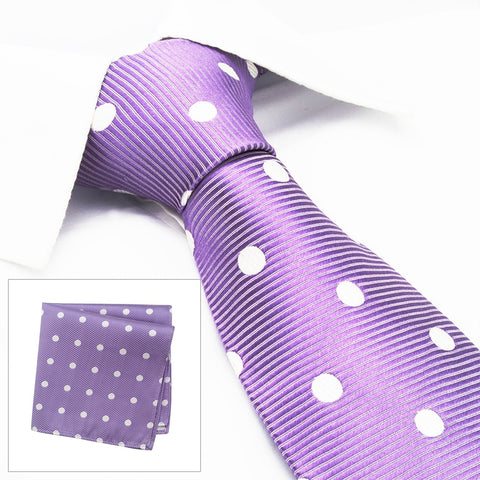 Lilac Silk Tie & Handkerchief Set With White Polka Dots