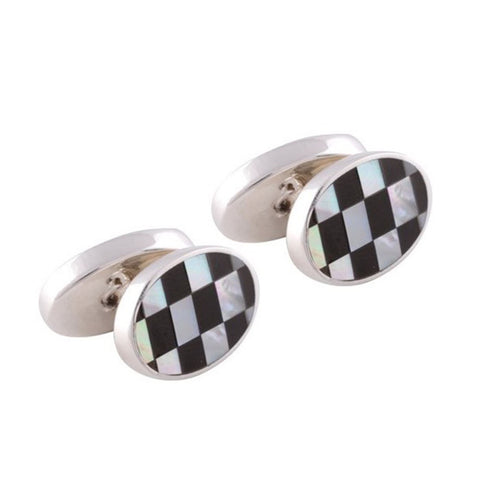 Sterling Silver Mother of Pearl & Onyx Double Sided Oval Cufflinks