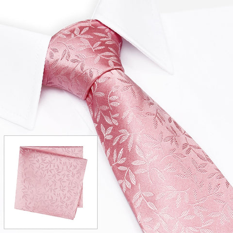 Pink Jacquard Leaf Silk Tie & Handkerchief Set
