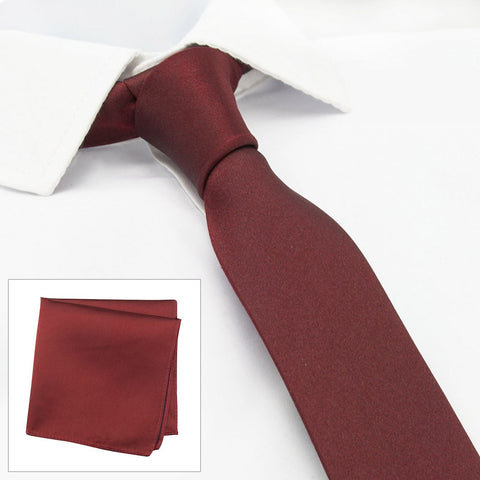 Plain Claret Slim Silk Tie & Handkerchief Set