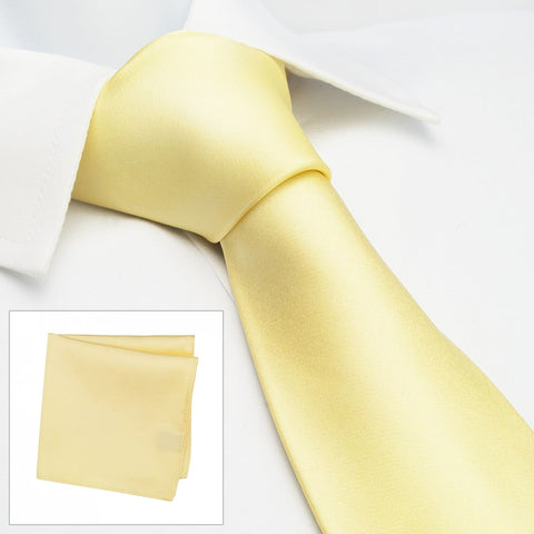Plain Lemon Yellow Silk Tie & Handkerchief Set