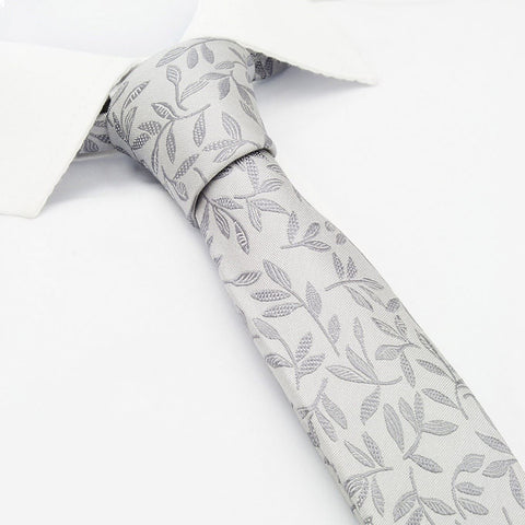 Silver Jacquard Leaf Slim Silk Tie