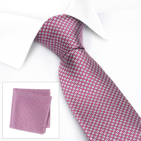 Magenta & Silver Square Patterned Silk Tie & Handkerchief Set