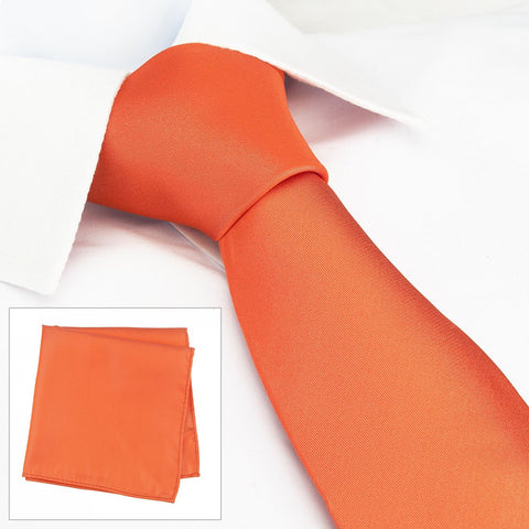 Plain Orange Silk Tie & Handkerchief Set