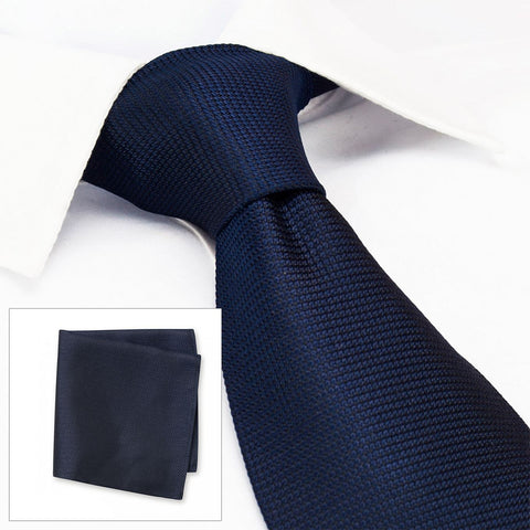Navy Silk Plain Classic Textured Tie & Handkerchief Set