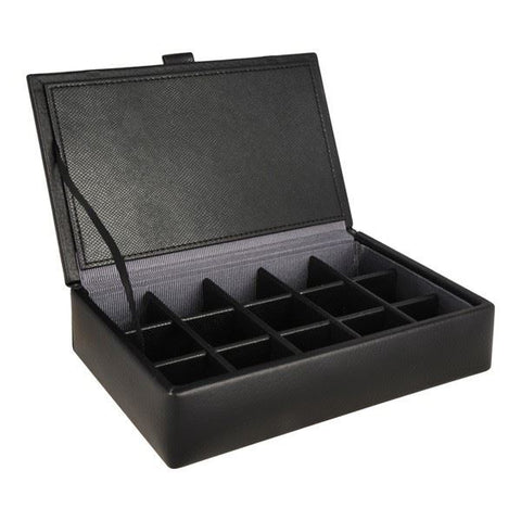 Black Leather 15 Piece Cufflink Box with Grey Lining