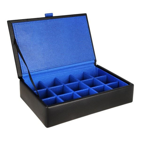 Black Leather 15 Piece Cufflink Box with Blue Lining
