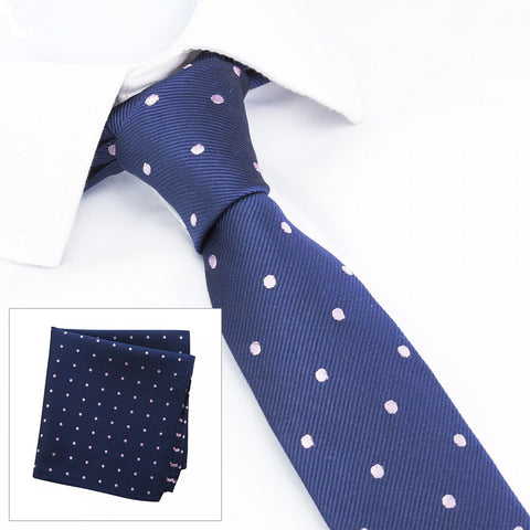 Navy & Pink Polka Dot Woven Slim Silk Tie & Handkerchief Set