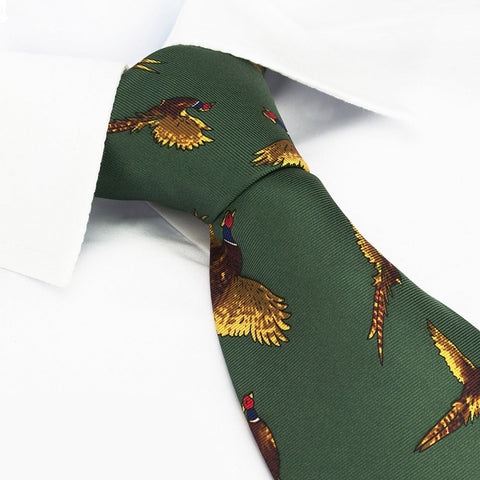 Forest Green Flying Pheasants Silk Tie